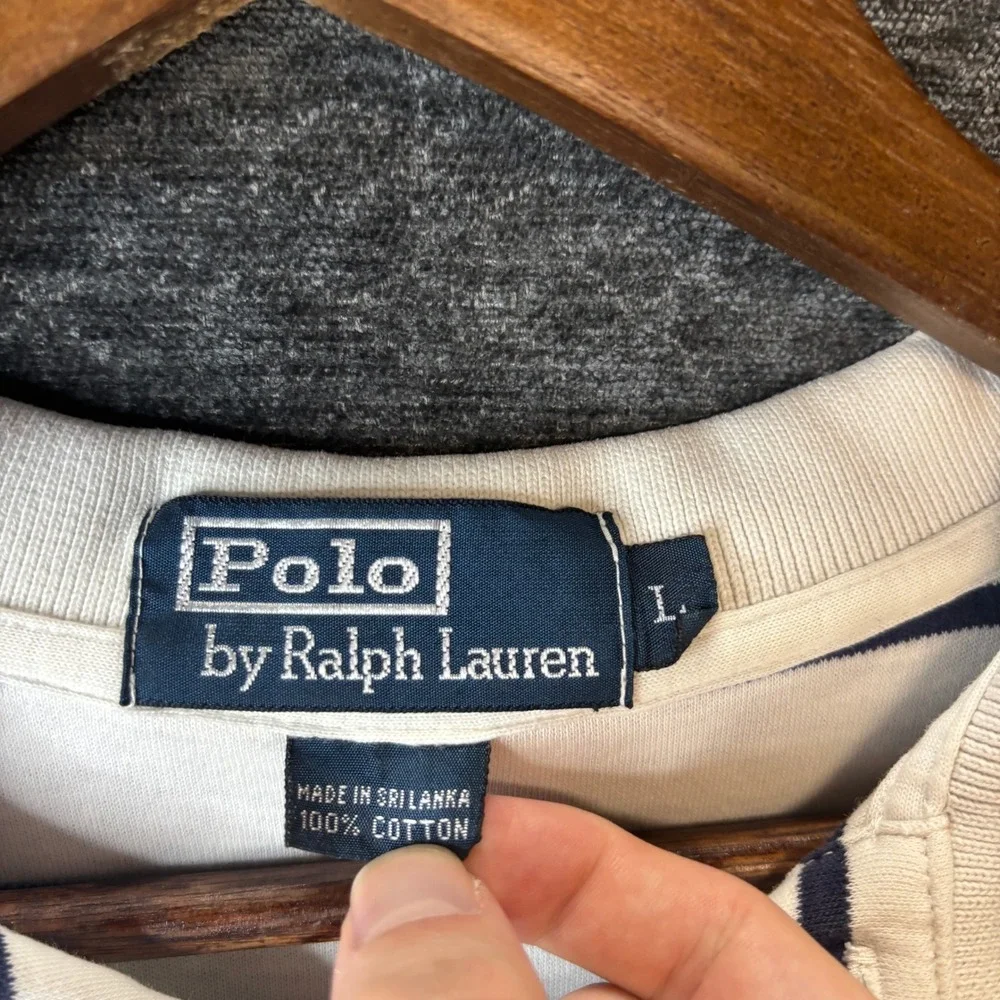 Polo Ralph Lauren Mens Large White Navy Blue Striped Short Sleeve Polo Shirt L